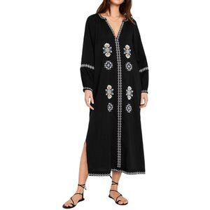 Old Navy Women's Long Sleeve Black Embroidered Boho Peasant Dress Travel Sz L